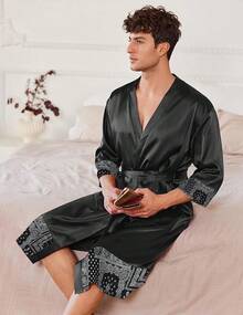 Mens Satin Robe Lightweight Silky Kimono Bathrobe 3/4 Sleeve Spa Knee Length Loungewear With Pockets S-3XLhalloween - 黑色圖案 - 查看 9