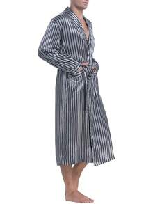 Lavenderi Mens Silky Satin Lounge Robe, Long Lightweight Sleepwear - Grey Stripe - View 2