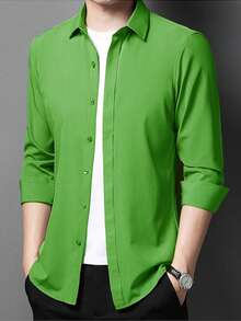 Men's Long Sleeve Button Down Dress Shirt In Microfiber Fabric, Silm Fit - 青檸色 - 查看 3