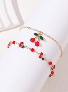 2 Pieces Girls Sweet Cherry Anklet Color Drip Oil Summer Fruit Beach Style Double Layer Anklet Set