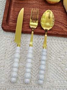 Juego de 3/4/9/12 piezas de cubiertos con forma de perla dorada de acero inoxidable con mango de cerámica - Cuchillos, cucharillas de postre, tenedores y cucharas - Herramientas y accesorios de cocina elegantes perfectos para comidas familiares diarias, fiestas de cumpleaños y reuniones festivas
