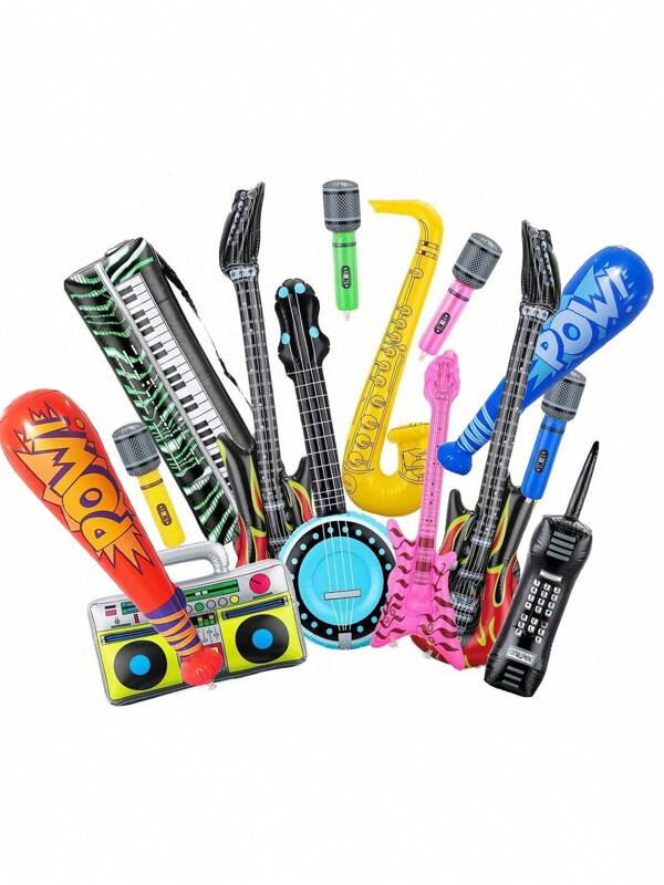 Inflatable Musical Instruments Party Decoration Props, Party Supplies Rock Star Toys Set - Inflatable Guitar, Saxophone, Bass, Lute, Microphone, Recorder, Piano, Suitable For 80s/90s Theme Party Photo Booth Stage Decor