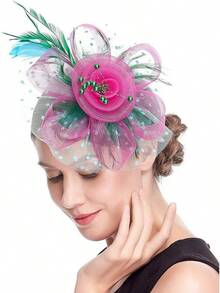 Derby Fascinators Women High Tea Party Hat Wedding Cocktail Flower Headware With Mesh And Feathers - Rose & Green - View 3