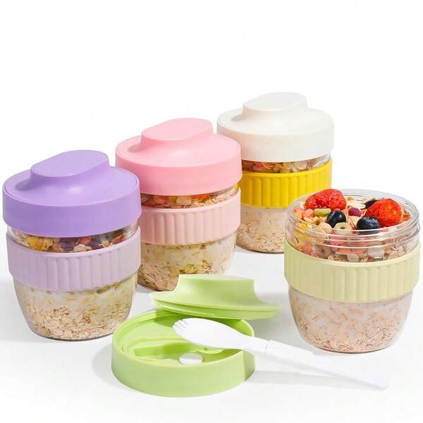 Oatmeal Cup With Lid And Spoon, Milk/Yogurt Cup, Picnic Salad Cup, Food Container, Leakproof, Portable (White/Green/Pink/Purple)