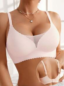 Sutiene fără sudură din plasă, model patchwork, push-up, fără buzunar, sutien cu tampoane, sutien cu volane, sutien din dantelă, fără fereastră, cu garnituri de salată verde, intim, romantic, cu margine ondulată, confortabil, cu ridicare, fără fereastră, lenjerie de bază, culoare solidă, reglabil, sutien - Baby Pink - Vizualizare 5