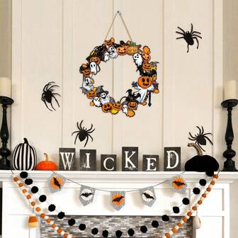 1pc Halloween Ghost Pumpkin Wooden Wreath Ornament- Wreath Made Up Of Mischievous Ghosts, Cute Ghosts, Terrifying Ghosts, And Various Formats Of Pumpkins,Halloween Party Decorations, Halloween Ghost Sign, Bat Ghost Pumpkin Wreath, Halloween Garland, Wooden Wreath Wall Hanging Decor