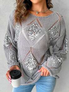 Apperloth A Fall/Winter Clothes For Women Sweater Splicing Sequins Hollow Out Semi-Sheer Rolled Edge Long Sleeve Tops Crew Neck Knit Pullover Without Vest Business Casual Daily Wear Christmas Clothes Old Money Style﻿
