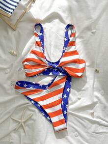 2pcs Women's Bikini Set For Beach, Bow Knot & Shell Printed Reversible Design, Wide Strap Twist Front Top And Mid-Waist Bottoms, Suitable For Swimming Pool Party And Beach Vacation, Summer