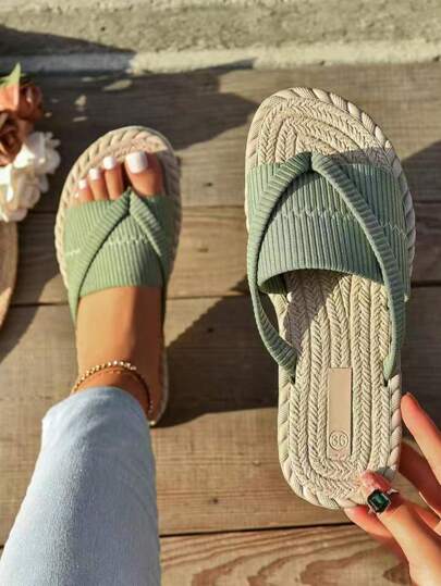 Women's Fashion Beach Flip Flops, Plus Size Toe Ring Sandals Suitable For Outdoor Vacation, Open Toe Slippers, Women's Bow Decor Flat Sandals, Lightweight Summer Slippers, Non-Slip Ladies Beach Shoes
