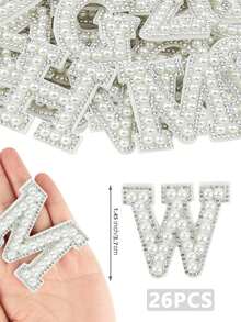 Bộ 26 miếng vá chữ cái A-Z, miếng dán chữ cái đính ngọc trai và đá giả 3D, phụ kiện vá chữ cái tự làm cho quần áo, túi xách, ba lô, vải, quà tặng cá nhân, quà tặng tiệc cưới, đồ trang trí tiệc độc thân - Kim cương trắng trên nền trắng - Xem 18