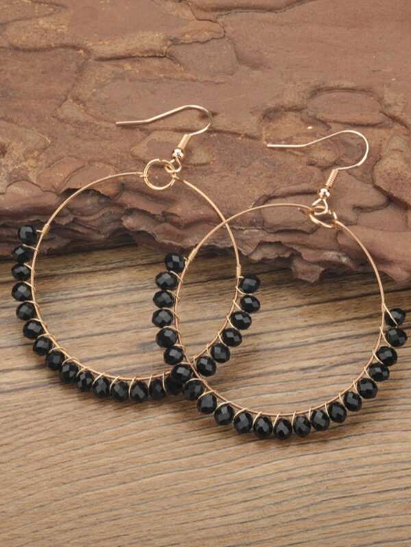 1 Pair Simple & Elegant Metal & Black Pearl Hoop Earrings, Suitable For Daily Wear & Commuting For Women