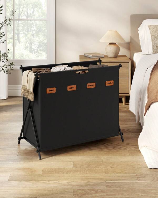 SONGMICS Wäschekorb, Wäschesammler 155 Liter, Wäschebox, 4 Fächer, klappbares X-Gestell, individuelle Etiketten, für Waschküche, Schlafzimmer, Badezimmer, tintenschwarz