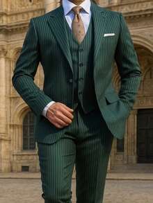 Mens Striped Suit Formal Business Wedding Prom Suit Pinstripe Male Groom Tuxedo Notched Lapel, Blazer+Vest+Pant, Modern Fit Wedding Party Dinner Formal, Long Sleeves - 墨綠色 - 查看 1