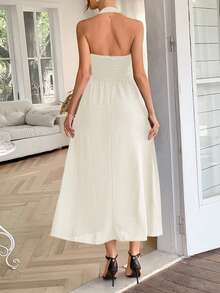 Unadoll 女式露背拉链褶裥休闲优雅连衣裙 - 非常适合海滩度假、约会、音乐节、圣诞节和返校场合。 - 杏色 - 查看 9