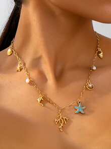 1pc Ocean Life Starfish Shell Cultured Pearl Bamboo Knot Creative Necklace, Vacation Seaside Style Delicate Design Choker Necklace, Fashion Versatile Personalized Necklace - Golden 2 - View 3