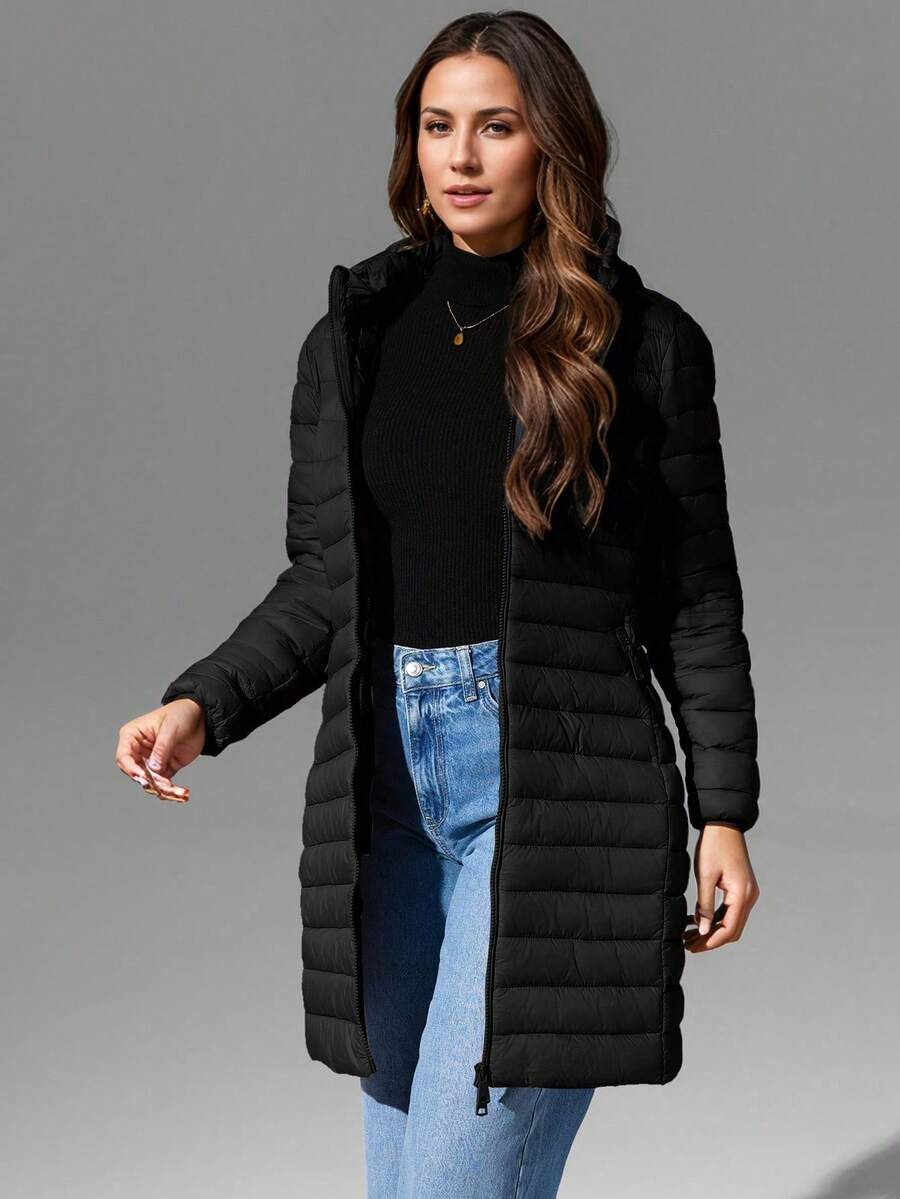 Giolshon Women's Casual Hooded Down Jacket With Pockets, Lightweight And Warm, Suitable For Daily Wear - Black - View 1