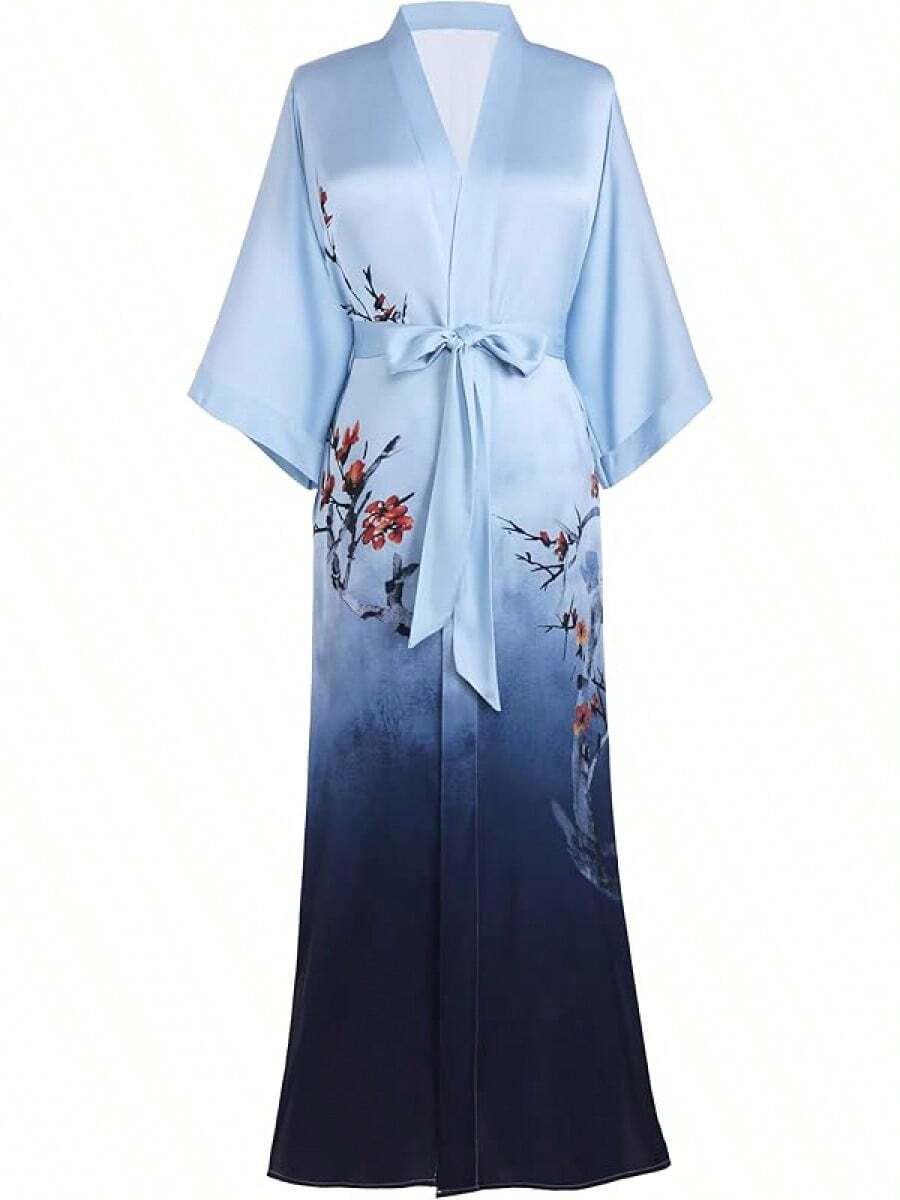 Women's Long Satin Silky Kimono Robe - Japanese Bathrobe Nightgown Loungewear Blouse - 李子色 - 漸層藍 - 查看 1