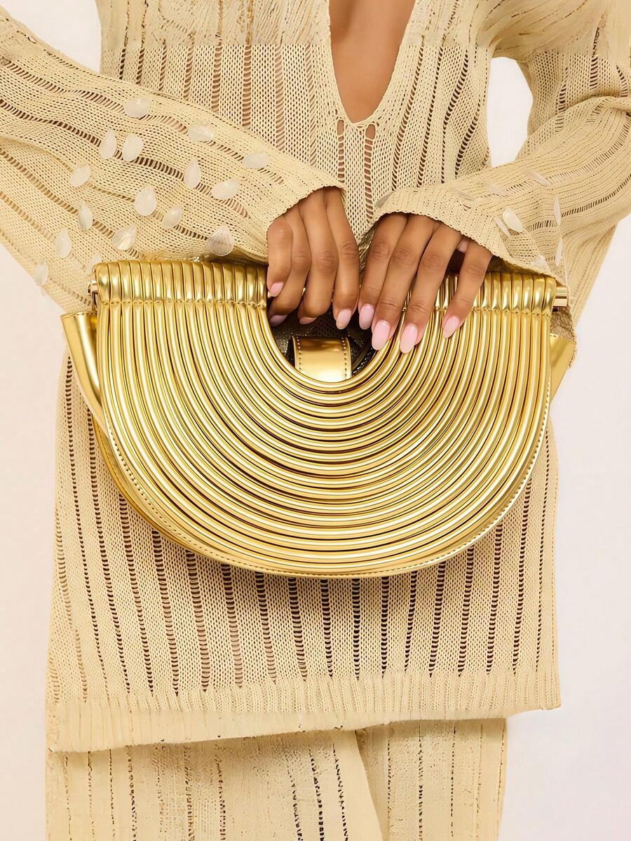 European & American Style Banquet Clutch, Ladies' Handheld Bag, Half-Circle Metallic Retro Ruffle Shell Shape Elegant Luxury Party Wedding Bride Handbag - Gold - View 1