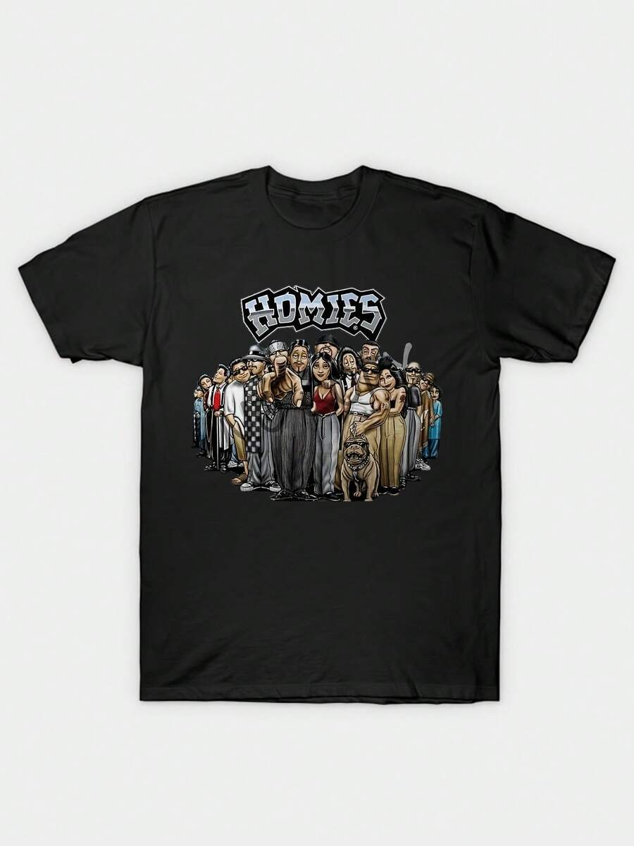 Homies Gangster Cartoon Character Graphic T-Shirt - 100% 220gsm Heavyweight Retro Streetwear Tee With Bold HOMIES Lettering & Iconic Characters, Regular Fit Crew Neck Unisex Shirt For Men & Women, Machine Washable Casual Casual Attire, Urban Fashion, Street Style, Vintage Aesthetic, Durable Fabric, Comfortable Material, Short Sleeve Top, Fashion Enthusiasts, Men And Women, For Adult, Adult Mens Vintage Print Top, Brown With Graphic Print, Adult Men Stylish Tee, Casual Suitable - 黑色 - 查看 1