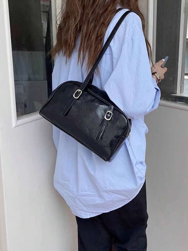 Solid Color PU Leather Fashionable Versatile Women Shoulder Bag, Minimalist Commute Office Handbag