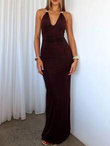 Meidaxexr 1 pièce Robe élégante à dos nu avec croisillons en tissu tricoté unicolore. Convient pour mariage, plage, soirée, anniversaire, gala formel, bal de promo, soirée célibataire, représentation sur scène, festival de musique, invités de mariage - Rouge foncé - Voir 3