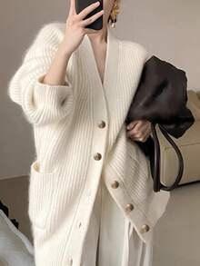 Alicedudu Women's Slim Vertical Striped Textured Minimalist Cardigan Sweater, Autumn/Winter - Apricot - View 3