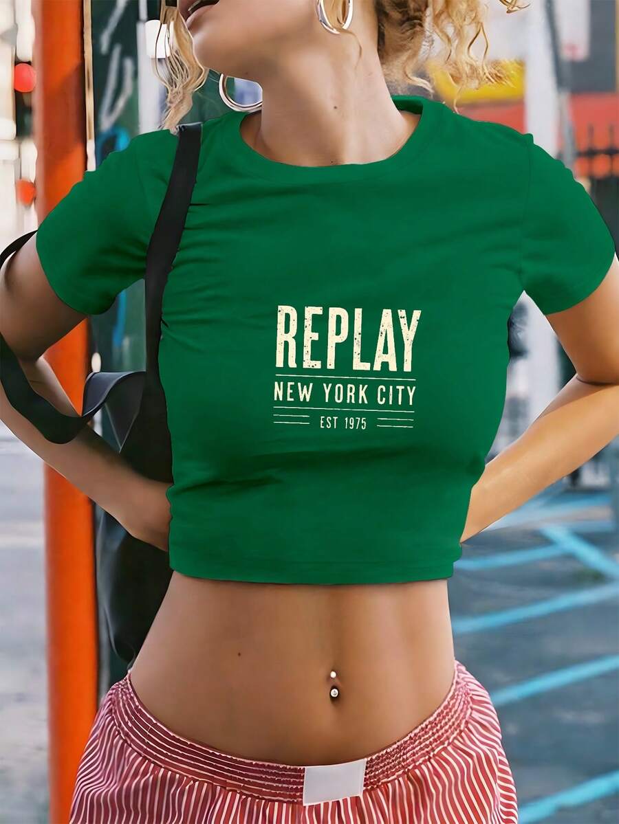 Camiseta corta de moda para mujer REPLAY NEW YORK CITY - Verde - Ver 1