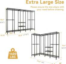 H5 Extra Large Wire Garment Rack, Heavy Duty Clothes Rack, Large Wardrobe Closet, Freestanding Closet Rack For Hanging Clothes, Clothing Racks With Adjustable Shelf, 93.3"Lx15.7"Wx75.4"H,Black - Black - View 6