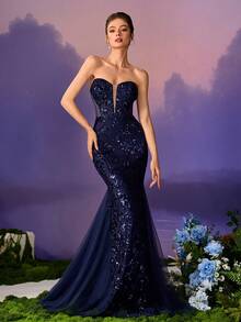 Elegantes Meerjungfrau-Paillettenkleid mit Mesh-Stickerei, geeignet für Hochzeitsgäste, Tanzen, Partys und Bankette - marineblau - Übersicht 5