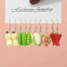 10件/30件新款跨境多巴胺逼真蔬菜系列树脂耳环套装-有趣可爱的南瓜、生姜、茄子、豌豆、花生耳环，女士配饰