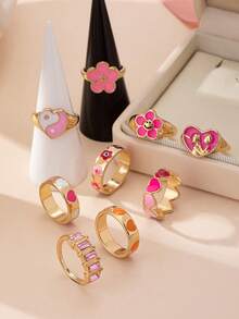 9pcs/Set Enamel Glazed Floral & Star Shaped Rings, Simple Elegant Fashion Accessory Suitable For Gift, Party, Daily Wear - Yellow Gold - View 6