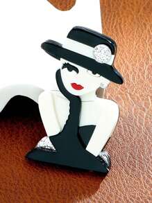 1pc Handmade Retro Modern Woman With Hat Acrylic Brooch, Vintage Cartoon Character Portrait Pins
