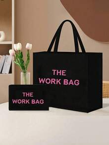 1/2 件黑色“THE WORK BAG”印花托特包 - 大容量，时尚单肩包，适合工作和购物，耐用涤纶，拉链开合，适合女性，多功能手提包 | 极简主义托特包 | 涤纶 - 黑色 - 查看 3