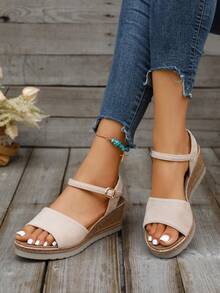 大码女士坡跟凉鞋，2025夏季新款时尚仙女风纯色度假波西米亚风高跟鞋，旅行必备 - 米色 - 查看 3