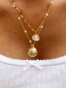 2 件简约优雅海星与贝壳仿珍珠金色项链套装，适合夏季海滩度假、派对和日常佩戴，适合女士