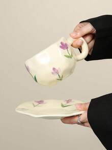 1pc Ceramic Coffee Cup & Saucer Set, Cute Hand-Painted Tulip Pattern, Suitable For Home, Office, Cafe, Great Gift Option