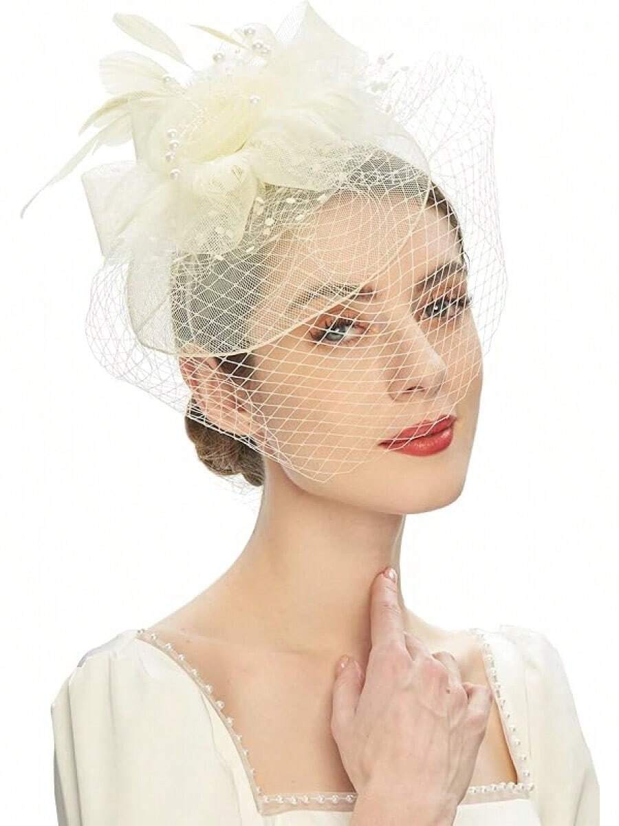 Derby Fascinators Women High Tea Party Hat Wedding Cocktail Flower Headware With Mesh And Feathers - A-ngà voi - Xem 1