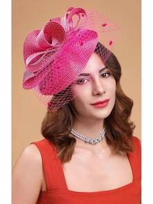 Derby Fascinators Women High Tea Party Hat Wedding Cocktail Flower Headware With Mesh And Feathers - Z-f0271-紫紅色 - 查看 2
