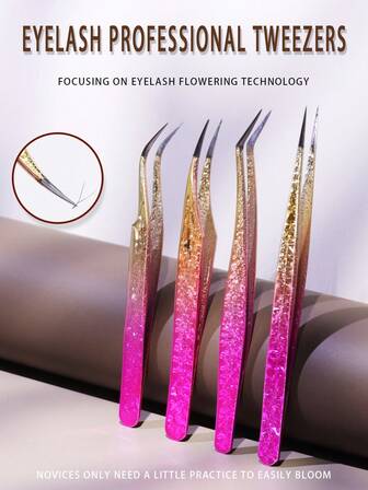 4pcs/Set Pink Ombre Eyelash Curler, High Quality Stainless Steel Tweezers, Curved Tweezers, Professional Makeup Tools For Lash Artists, Precision Eyelash Tweezers For Eyelash Extension, Craft Tweezers, Eye Tools, Lash Tools, Sticker Grip Tools, Suitable For Gift, Decoration, Business And Household Use