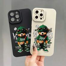 Étui de téléphone doux avec motif d'ours en peluche vert de dessin animé, yeux d'ange, impression UV mate. Protection à 360 degrés pour iPhone 11 12 13 14 15 16 Pro Max XR X/XS 7 8 Plus SE Mini pour smartphone - Noir - Voir 9