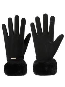 1 双女士保暖手套，人造毛皮袖口保暖内衬，防风，纯色，冬季配饰 - 彩色 - 查看 5