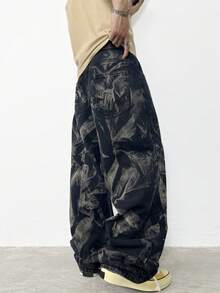 1 Stück Herren Retro Amerikanischer High Street Zebra Gestreift Verwaschen Weites Bein Jeans, Bequeme Lässige Weite Denimhose, Grunge