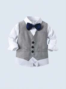 BOARNSEORL 三件套男童绅士套装 - 白色衬衫配领结、灰色马甲和裤子，时尚休闲套装，适合生日派对、婚礼、庆典等场合。 - 灰色 - 查看 3
