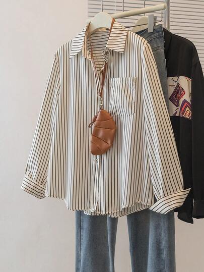 YUXIN 女款春夏复古条纹衬衫，宽领设计，百搭修身，通勤、办公、休闲皆宜