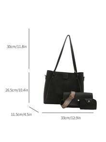 3 pièces Set de sac cabas de mode minimaliste de crocodile avec une décoration de sangle bicolore, grande capacité polyvalente, comprenant un sac à bandoulière et un porte-monnaie, pour les trajets, les courses, toutes les saisons, un style minimaliste pratique pour les femmes - Noir - Voir 3