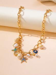 1 件夏季波西米亚风格海洋海滩度假贝壳、海星、海龟吊坠项链，适合度假、旅行、街头风格和日常穿着