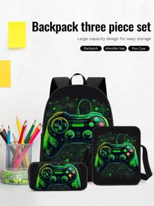 3 Pieces Set Backpack For Boys Girls, Kids Game Controller Patterned Backpack For Teens Elementary Middle High School Students, Large Capacity School Bags With Shoulder Bags And Pencil Case For Back To School Gift