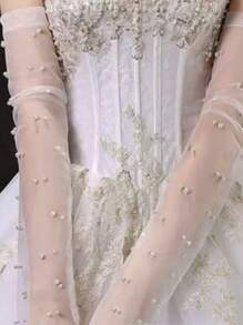 1 Paar elegante europäische und amerikanische Hochzeit Braut handgefertigte Perlenverzierte Armlinge, glänzendes einfarbig lässiges und sexy Polyester, geeignet für Frühling, Sommer, Herbst, Geburtstagsfest