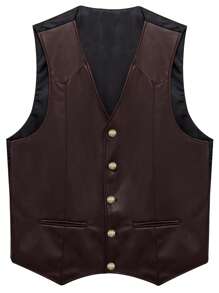 PU Leather Button Vest Men Waistcoat Wedding Fashion Casual Jacket , Fall Winter