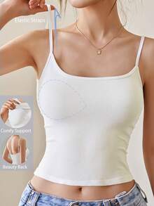 罗纹针织吊带背心，加厚基本款休闲吊带背心，女式性感露背双上衣，弹力细肩带短款吊带，带衬垫胸罩，女式白色短款吊带背心，汗衫，无袖上衣，女式背心短款上衣，夏季度假装，健身装 - 白色 - 查看 3